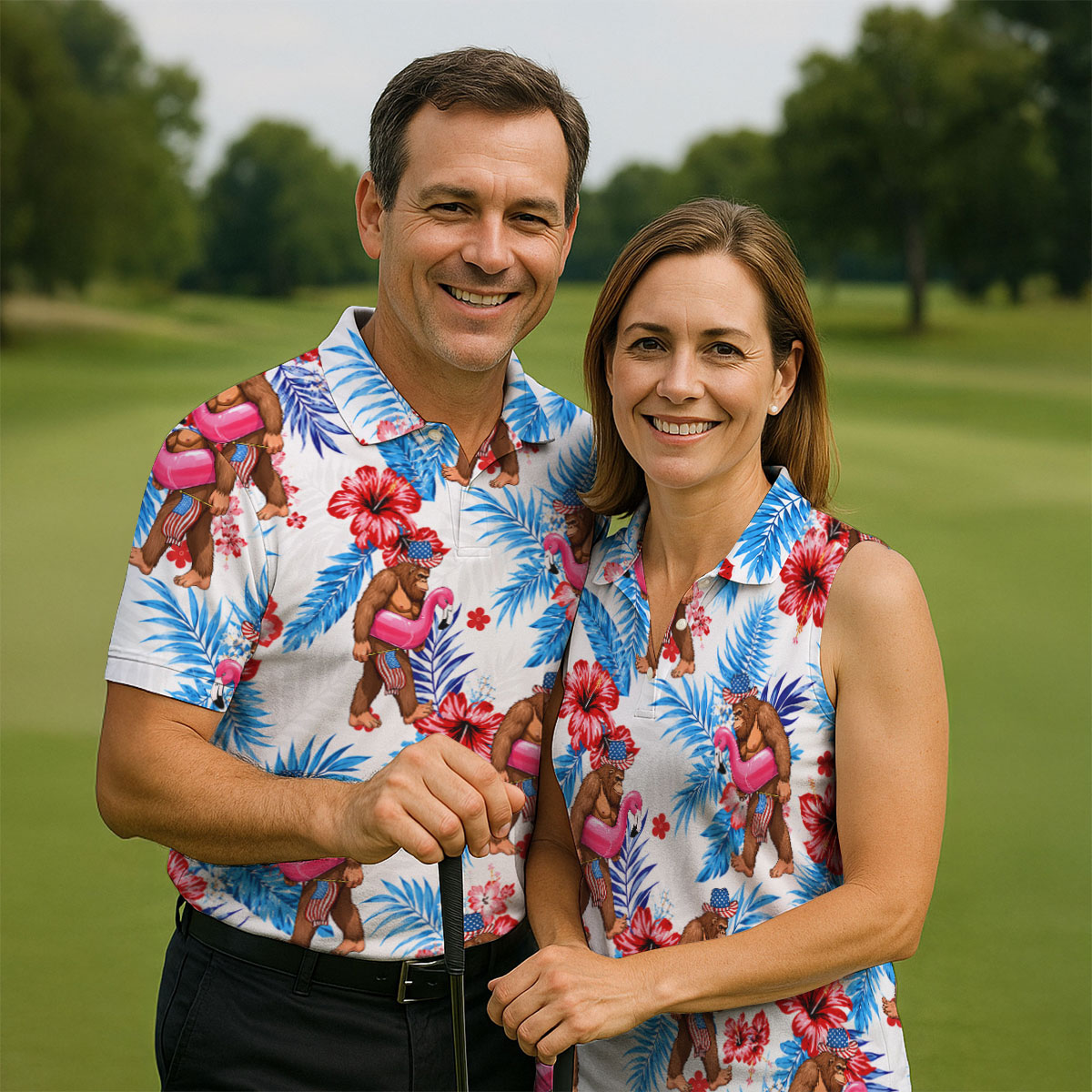 Bigfoot Flamingo Float Tropical Hawaiian Golf Shirt, Hawaiian Golf Shirt, Mens Golf Shirts