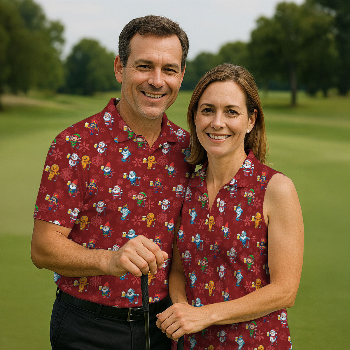 Christmas Characters Golf And Beer Red Women's Funny Golf Shirts, Christmas Golf Shirt, Polo ShirtFor Women