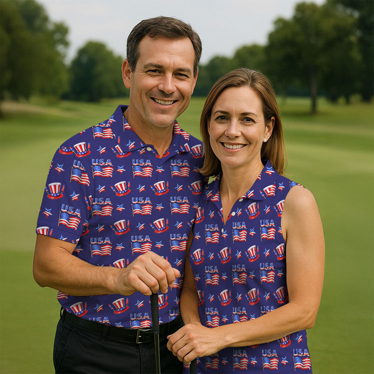 Waving Flags Uncle Sam Hats Seamless Pattern 250th Anniversary Golf Shirt For Women, Patriotic Golf Shirt