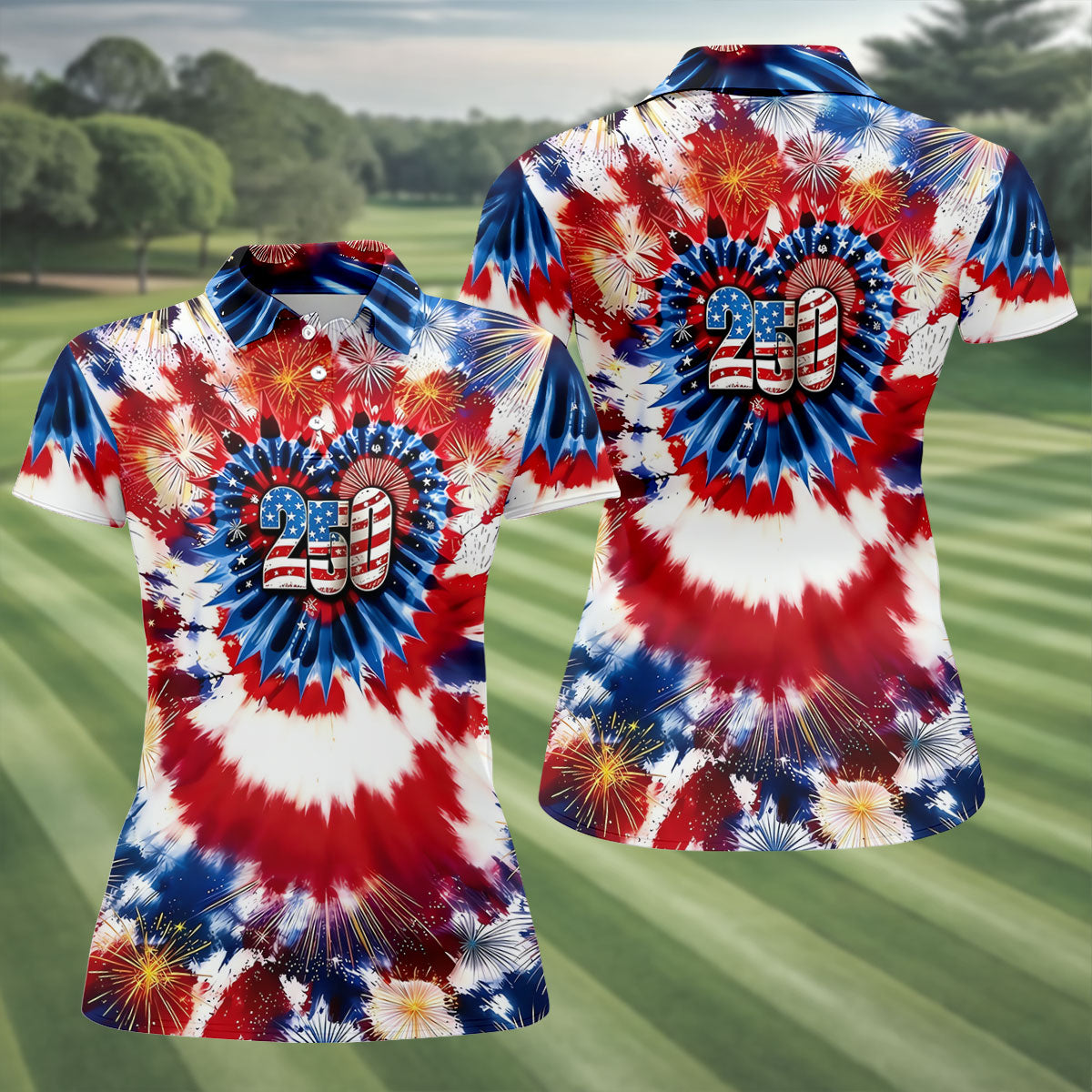 250 Years Red White Blue Tie Dye Print Patriotic Golf Shirt, 4th Of July Golf Shirt For Women