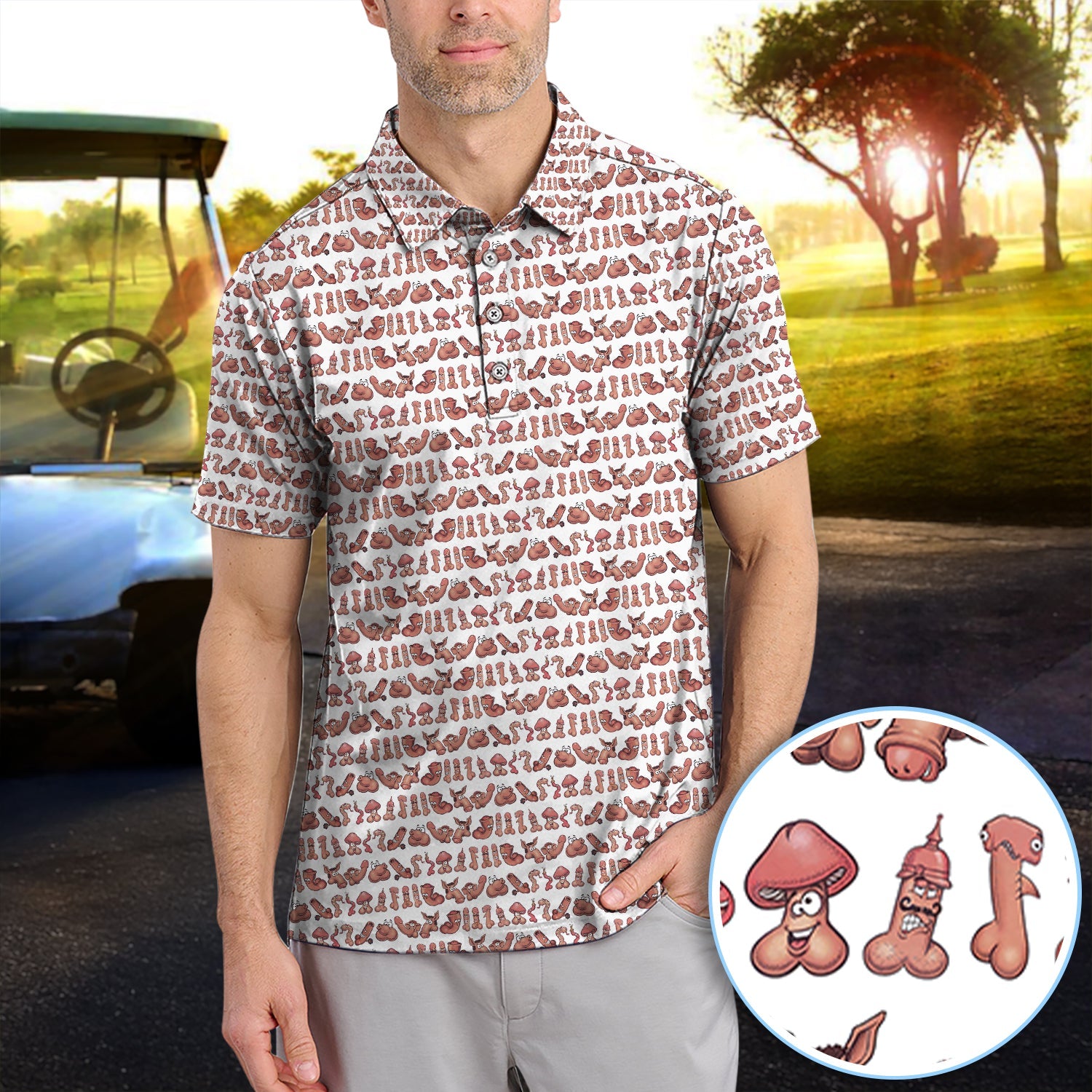 Playful Abstract Cartoon Pattern Golf Polos, Funny Golf Shirt For Men, Golf Gift For Golfer