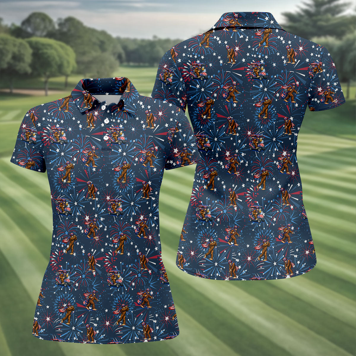 Funny Bigfoot Golf Pose Festive Vibe Navy 4th Of July Women Golf Top, 250th Anniversary Patriotic Golf Shirt