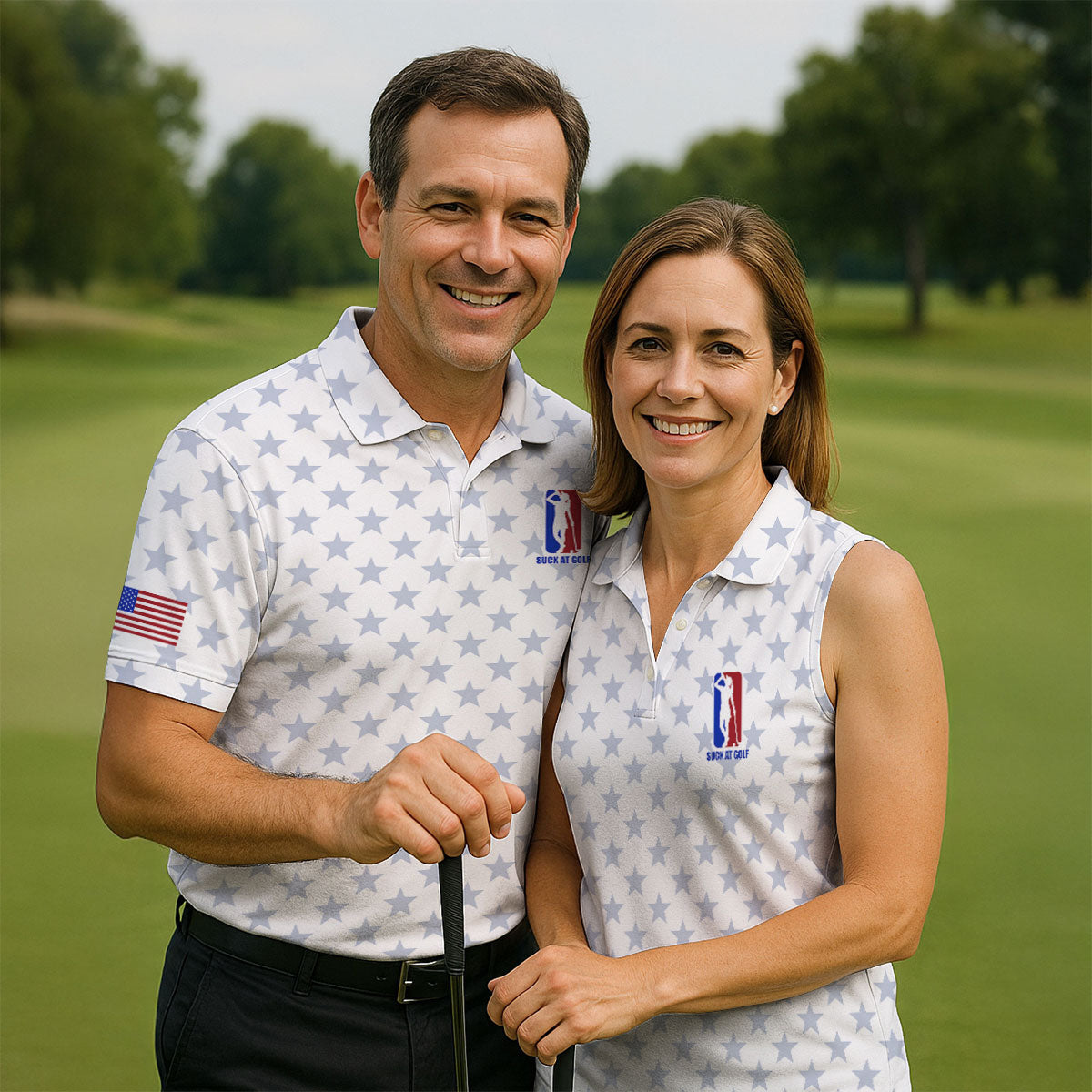 Suck At Golf Patriotic 4th Of July Stars Pattern White Golf Shirt, 250th Anniversary Golf Shirt For Women
