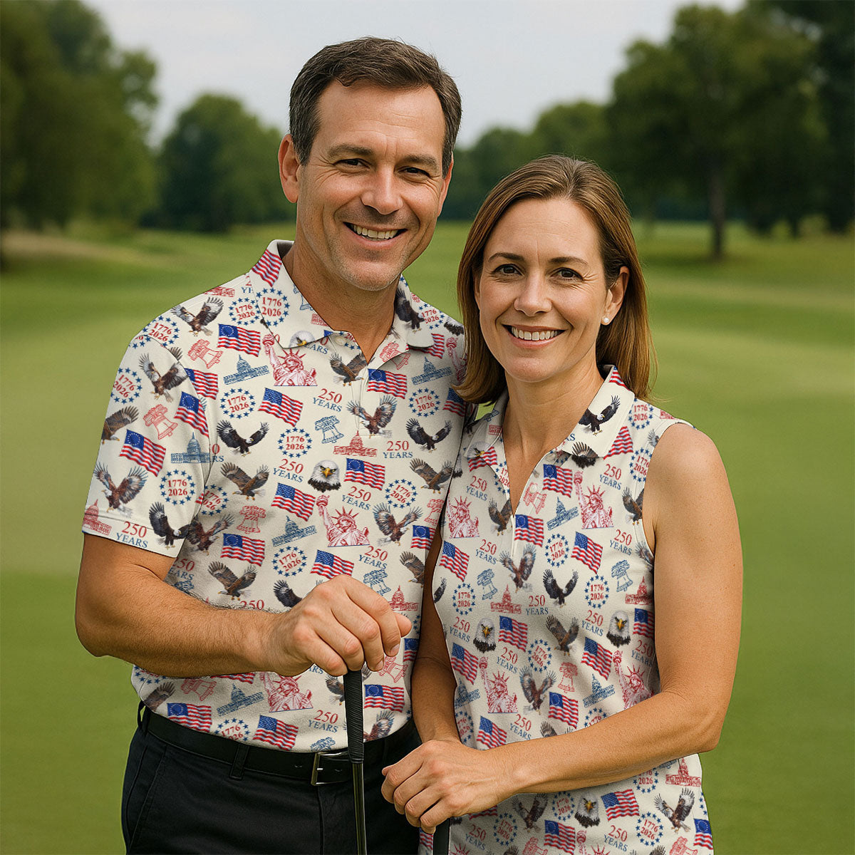 250 Years American Symbol Patriotic Pattern Beige Golf Shirt, 4th Of July Golf Shirt, Golf Shirt For Women