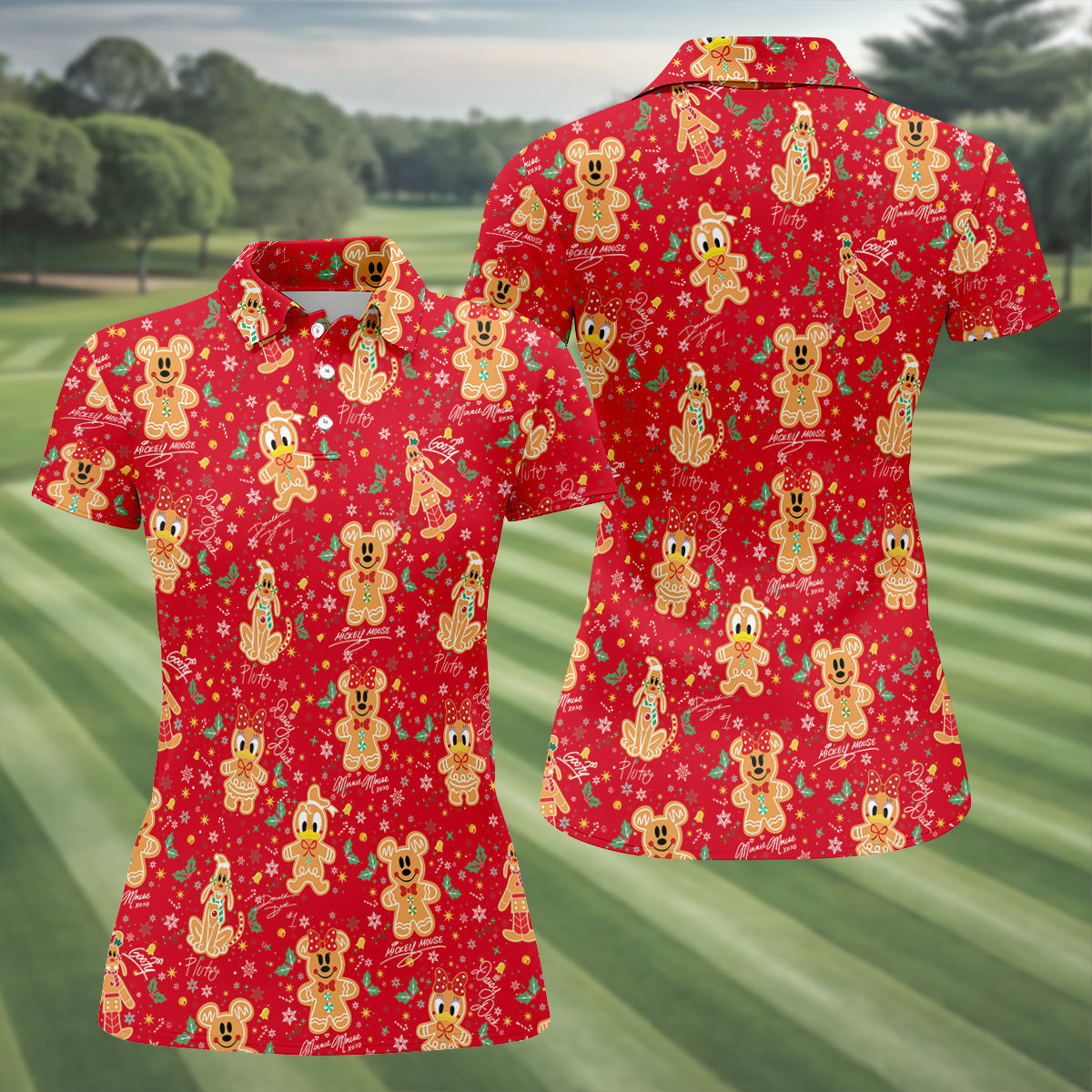 Cute Gingerbread Classic Cartoon Characters Christmas Golf Shirt, Women's Golf Tops, Ladies Golf Gift Ideas