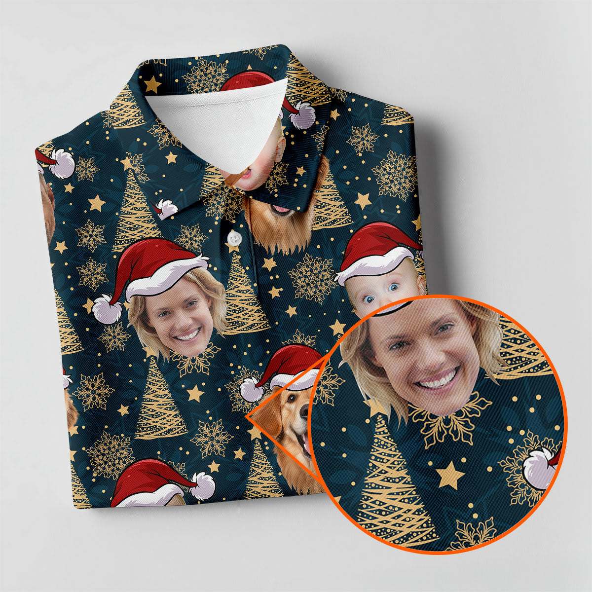 Custom Face Dark Blue And Gold Christmas Women's Golf Tops, Ladies Golf Shirts, Christmas Golf Gift
