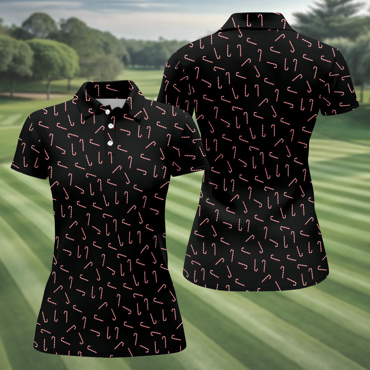 Christmas Candy Cane Women Golf Top, Christmas Golf Shirt, Black Golf Polo ShirtGolf Gift For Ladies