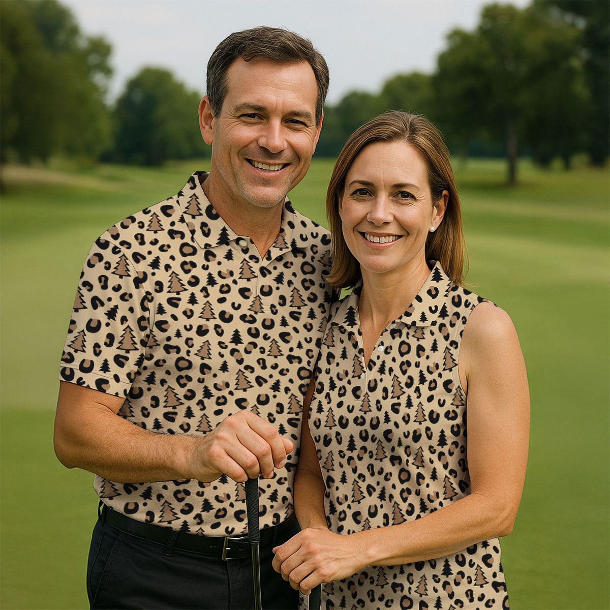Xmas Pine Tree Leopard Pattern Brown Golf Shirt, Christmas Golf Shirt, Cute Golf Outfit, Women's Golf Shirts