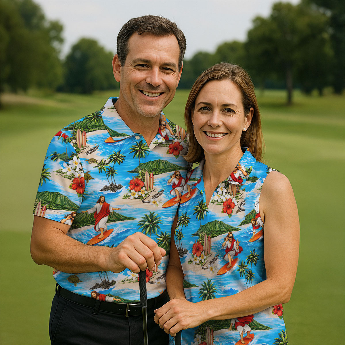 Funny Beach Surfer Jesus Hawaiian Golf Shirt, Mens Golf Polo, Printed Golf Shirts