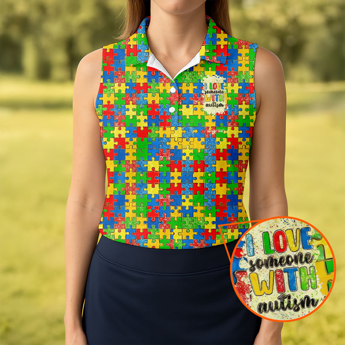 I Love Someone With Autism Colorful Puzzle Pattern Golf Shirt For Women, Autism Awareness Ladies Golf Polos