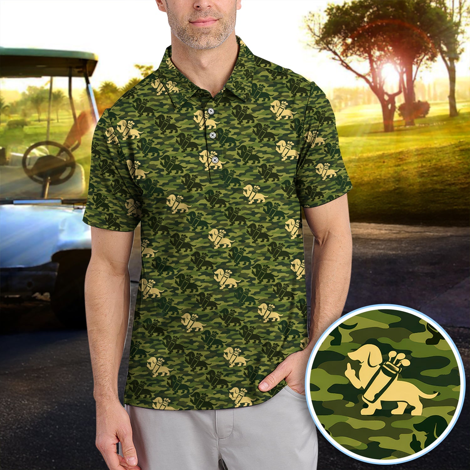Dachshund Camo Pattern Golf Polos, Wiener Dog Golf Shirt For Golfer, Golf Gift For Men