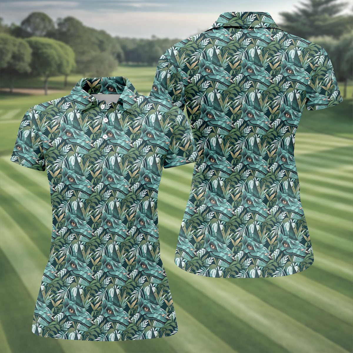 Dinosaur Head Tropical Vibe Women's Golf Tops, Women's Polo Shirt, Ladies Golf Shirts
