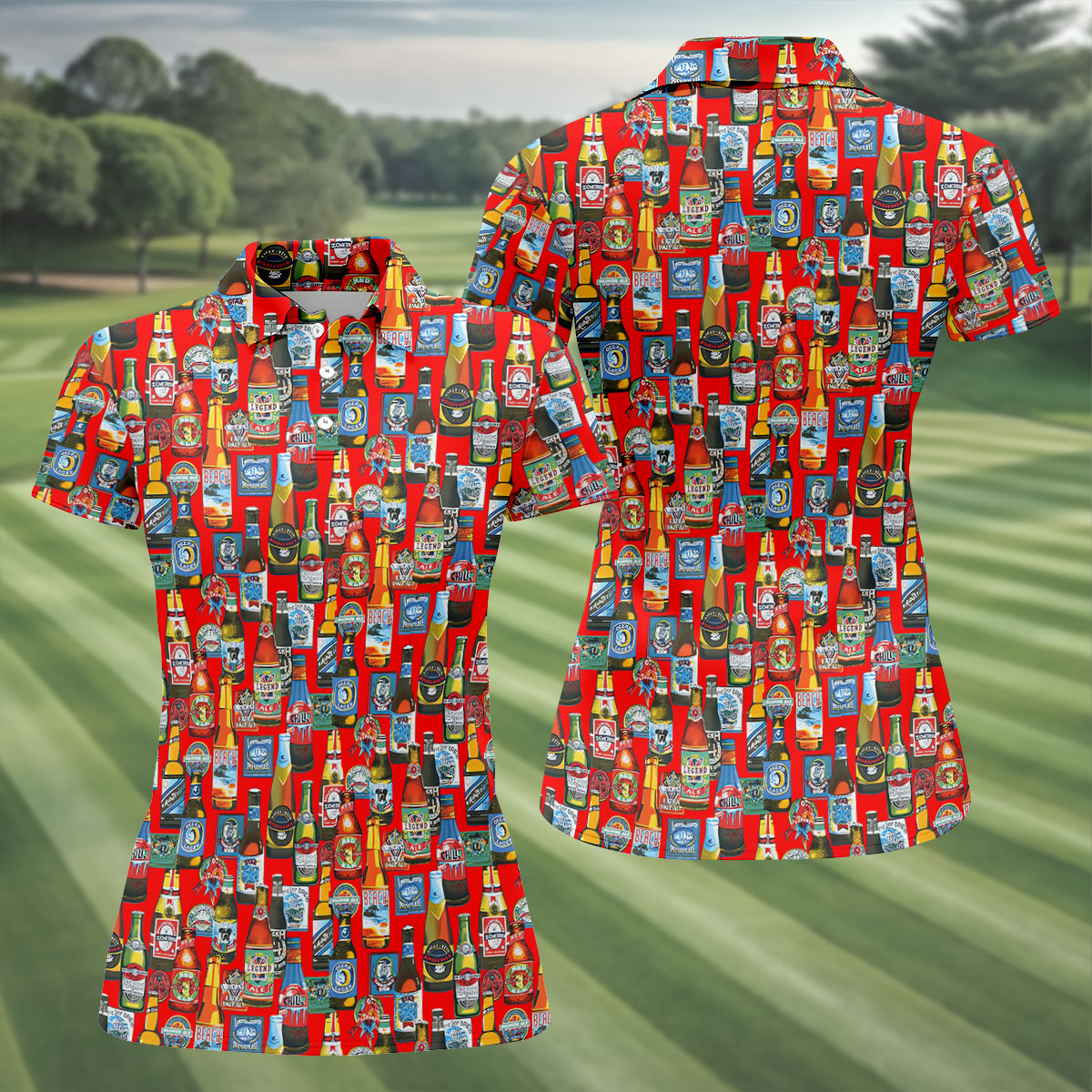 Beer Bottle Labels Red Golf Shirt, Fun Women's Golf Shirts, Women's Golf Tops, Ladies Golf Shirt