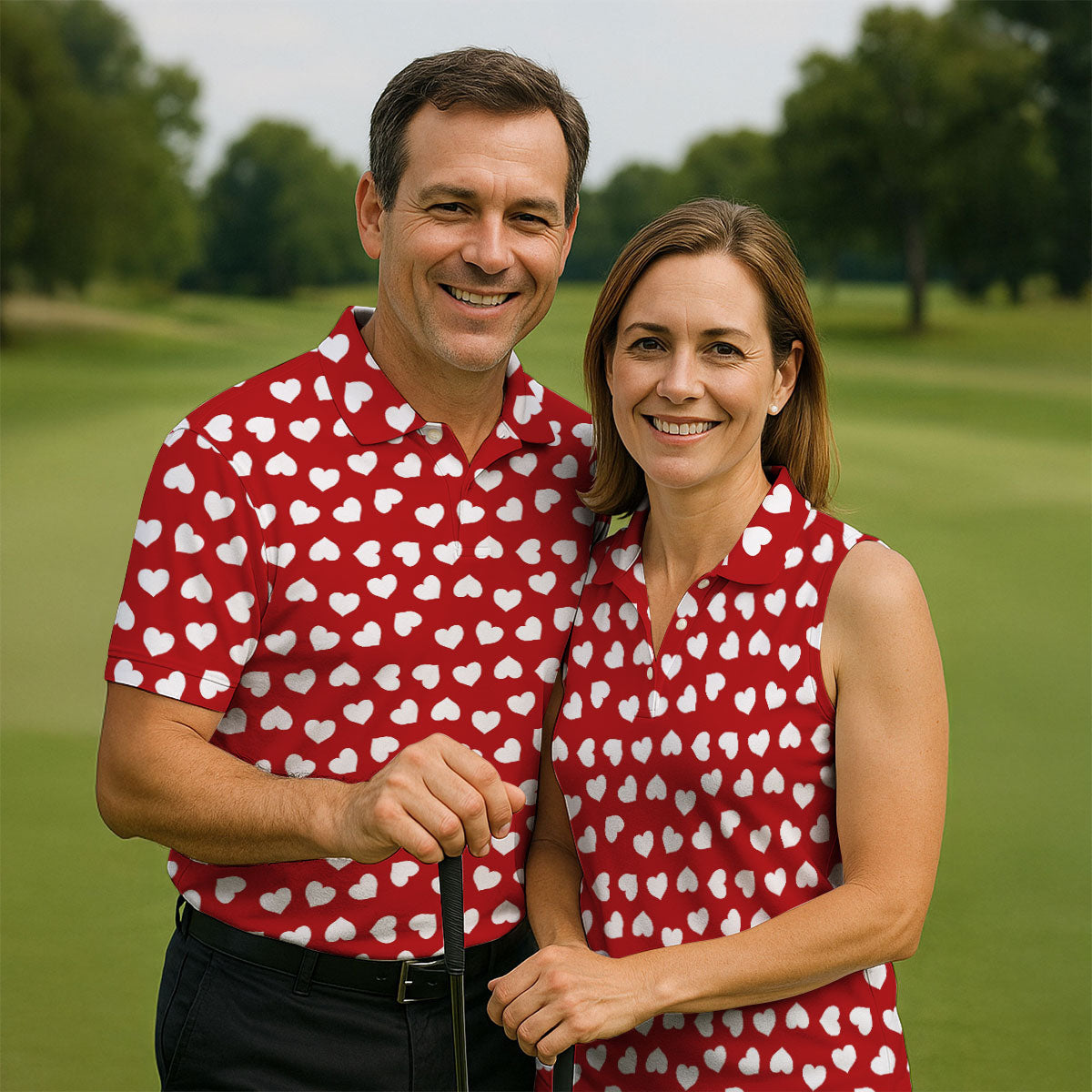 White And Red Heart Pattern Women's Golf Tops, Valentine Golf Gift, Ladies Golf Polos, Golf Gift For Ladies