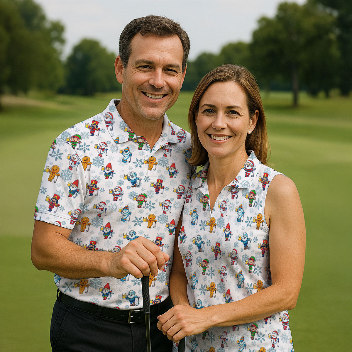 Christmas Characters Golf And Beer White Women's Funny Golf Shirts, Christmas Golf Shirt, Polo ShirtFor Women