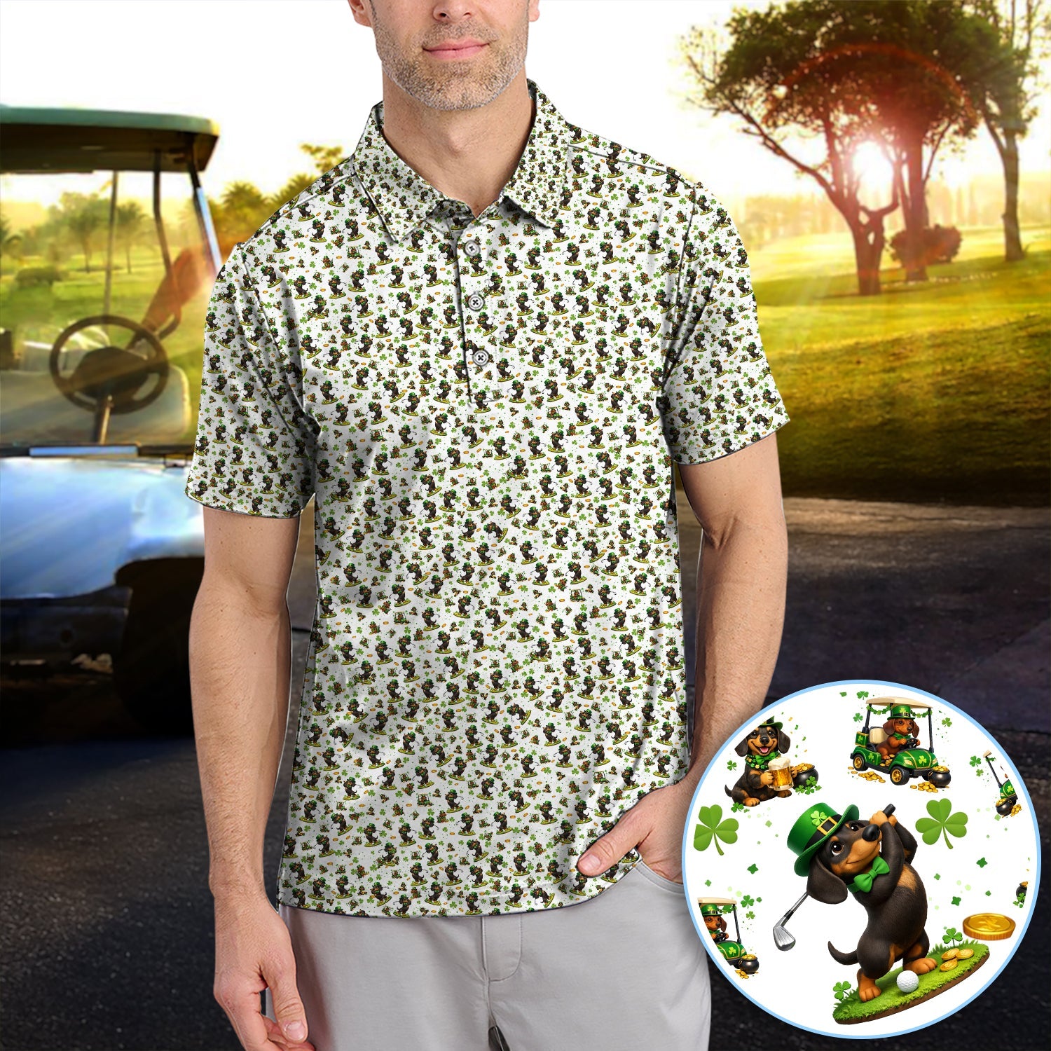 Dachshund Leprechaun Pattern Golf Shirt, Funny St.Patrick’s Day Golf Polos, Crazy Golf Gift For Golfer