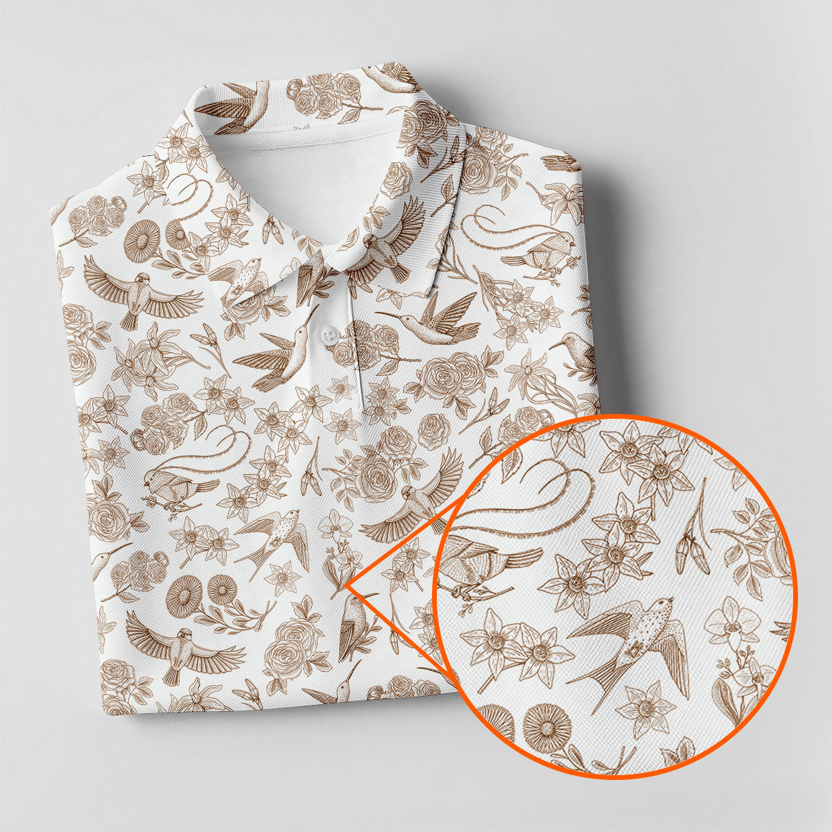 Custom Name Toile de Jouy Birds And Flowers Brown Golf Shirt, Women Golf Top, Ladies Golf Polos