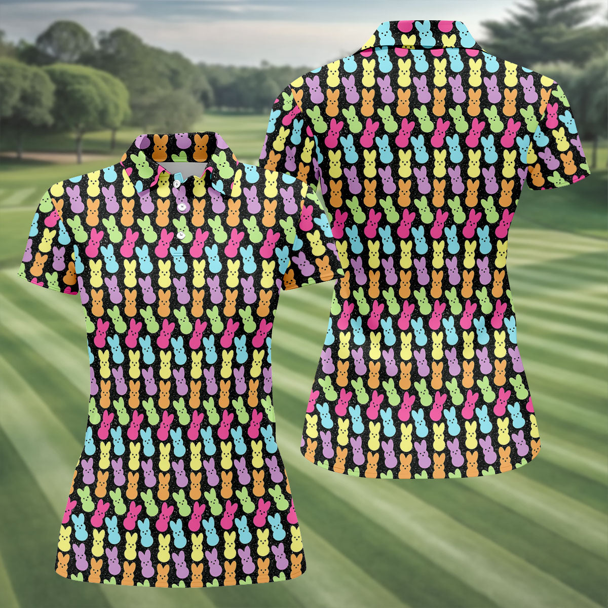 Colorful Easter Peeps Black Golf Shirt, Women Golf Top, Cute Golf Outfit, Ladies Golf Shirts