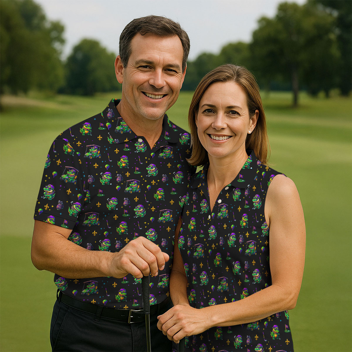 Funny Crocodile Mardi Gras Golf Shirts, Black Golf Shirt, Festive Women Golf Top, Ladies Golf Shirts