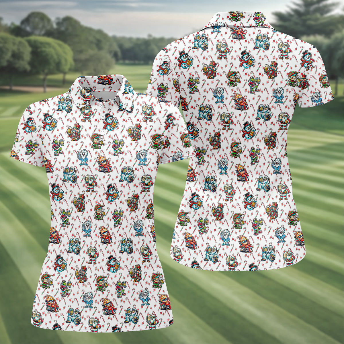 Cute Christmas Character Candy Cane Pattern Ladies Golf Tops, Christmas Golf Shirt, Golf Shirt For Women