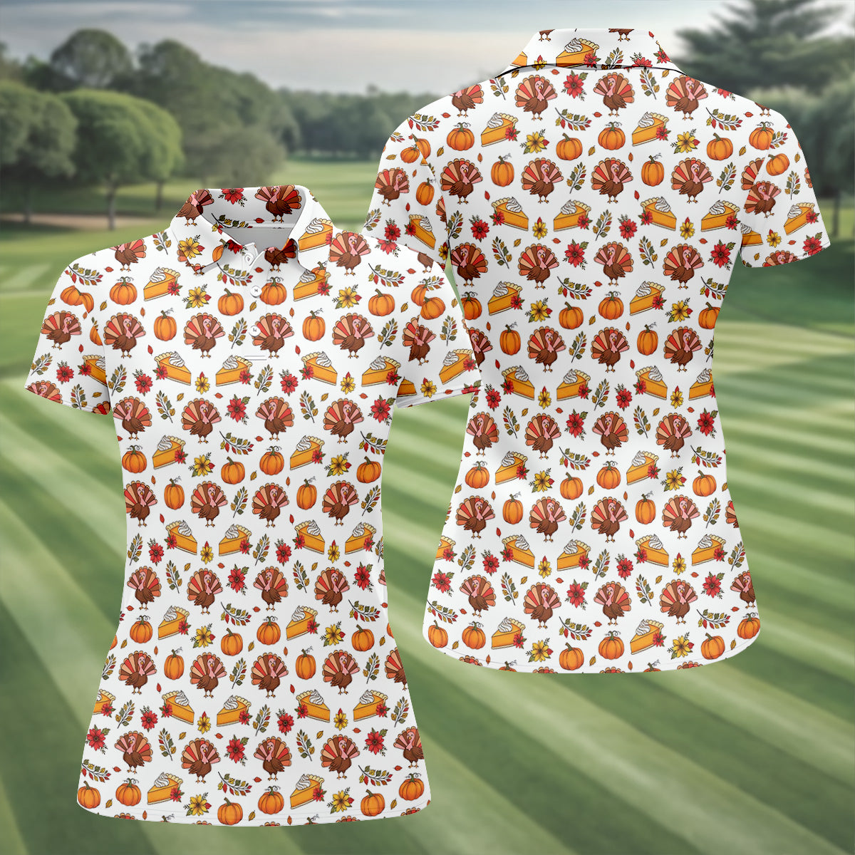 Cute Thanksgiving Turkey Pumpkin Pie Women's Golf Tops, Thanksgiving Golf Gift For Ladies, White Polo Women