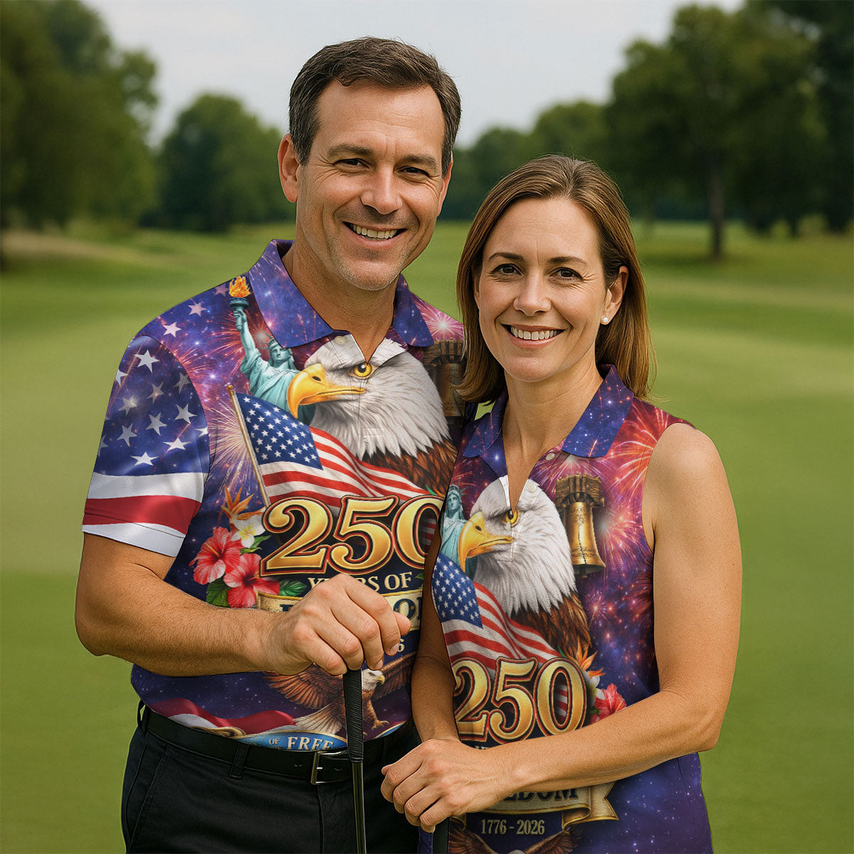 250 Years Of Freedom 1776-2026 Galaxy Pattern 4th Of July Women Golf Top, 250th Anniversary Patriotic Golf Shirt