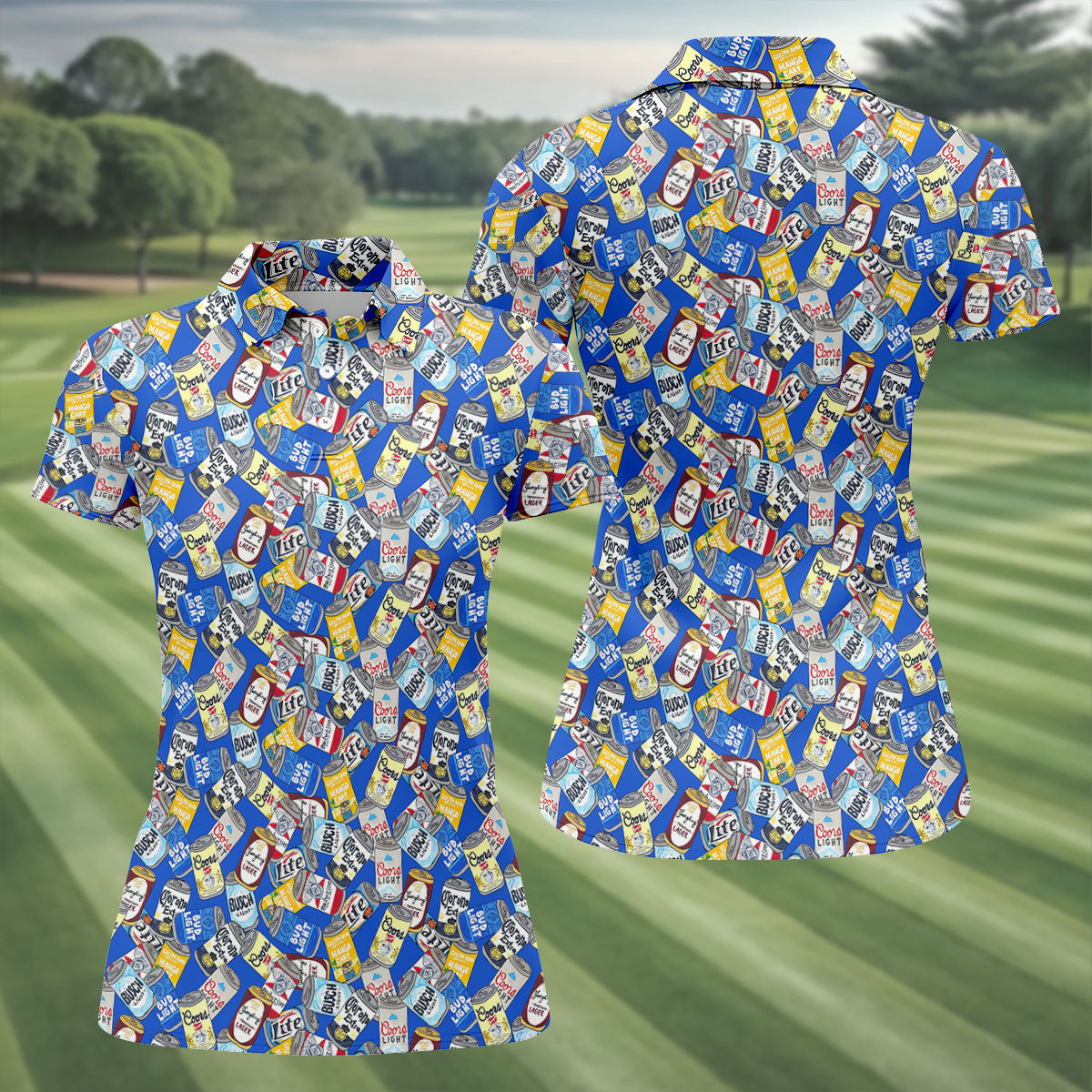 American Beer Cans Blue Golf Shirt, Ladies Golf Shirts, Golf And Beer Golf Shirt For Women