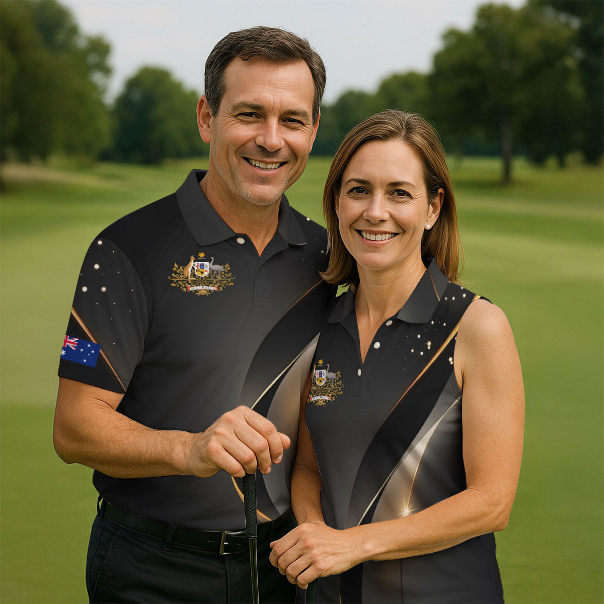 Australian Coat Of Arms Black And Gold Gradient Golf Tops For Men, Polo Shirts For Men