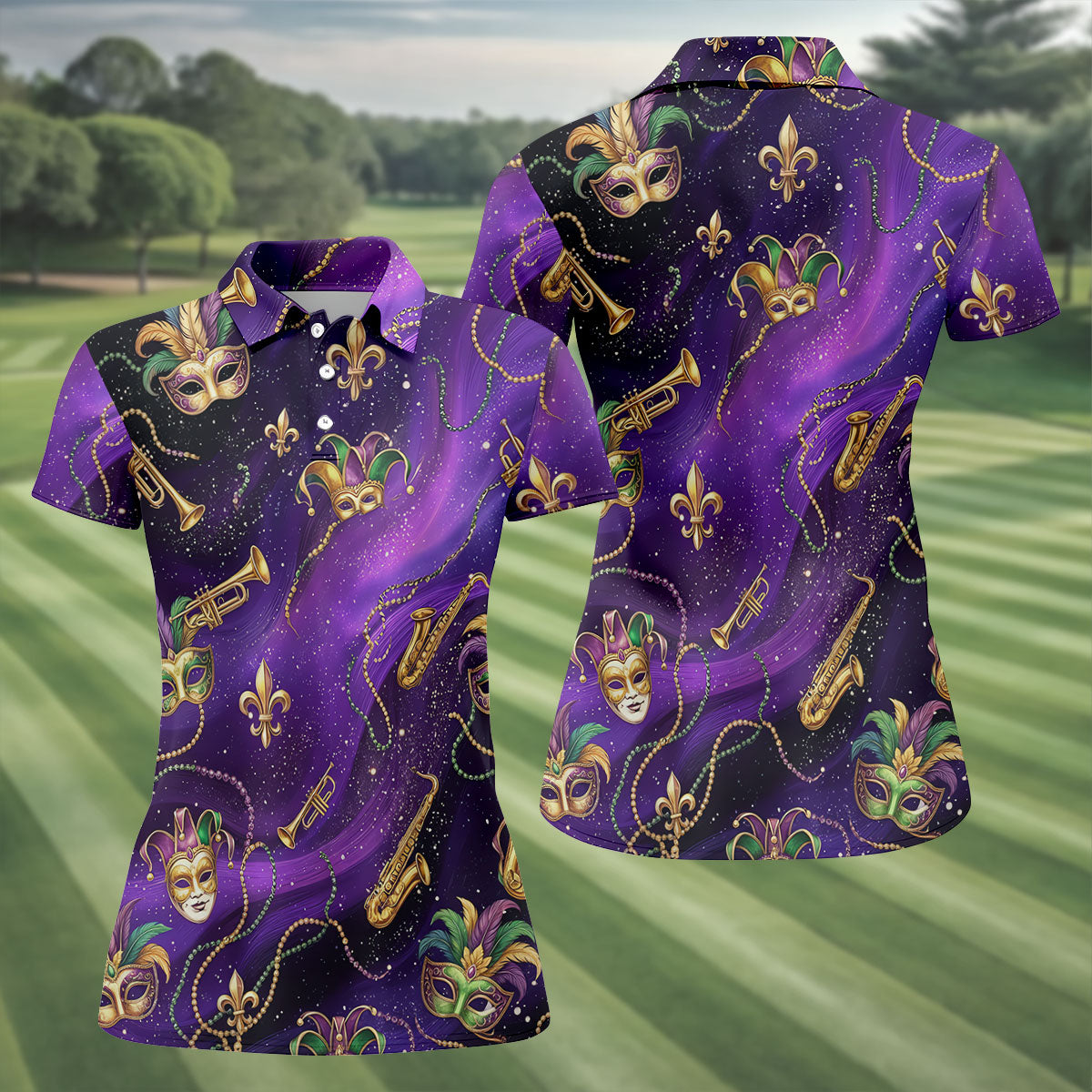Golden Fleur De Lis Trumpet And Saxophone Mardi Gras Masquerade Mask Purple Golf Shirt, Women's Golf Tops