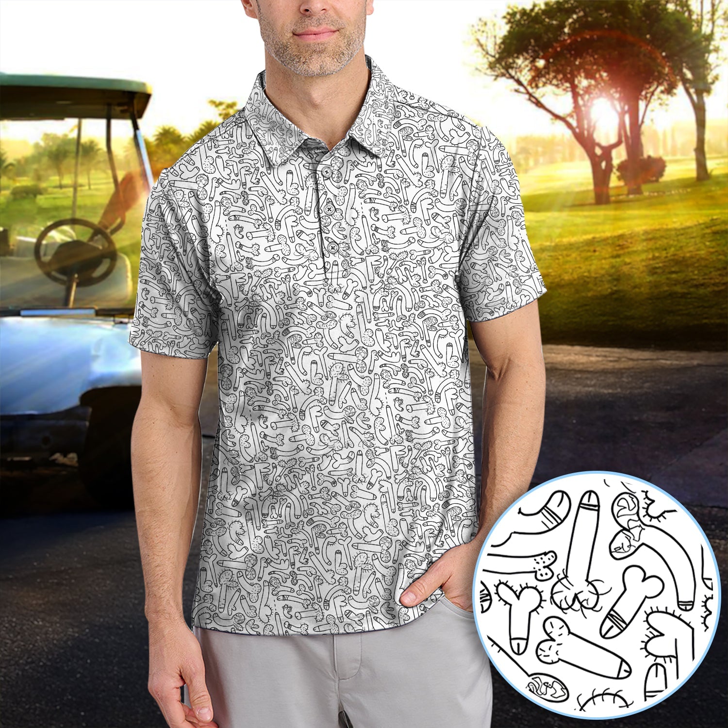 Funny Doodle Pattern Golf Shirt, Crazy Golf Polos For Golfer, Golf Gift For Men