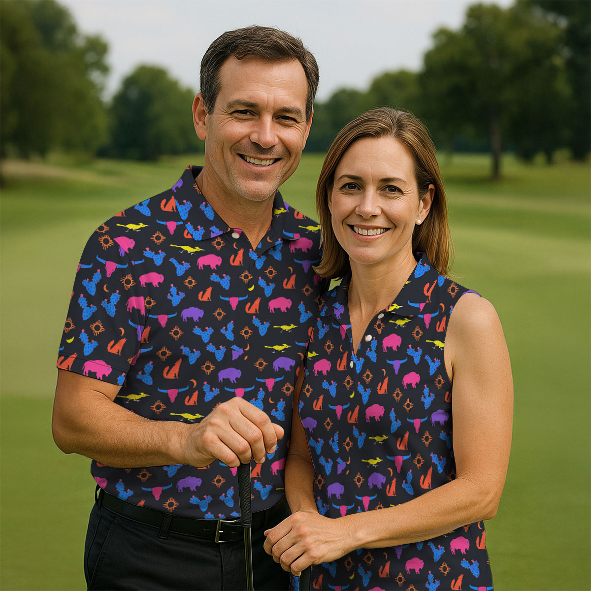 Neon Desert Cactus Buffalo Hawaiian Golf Shirt, Mens Golf Polo, Printed Golf Shirts
