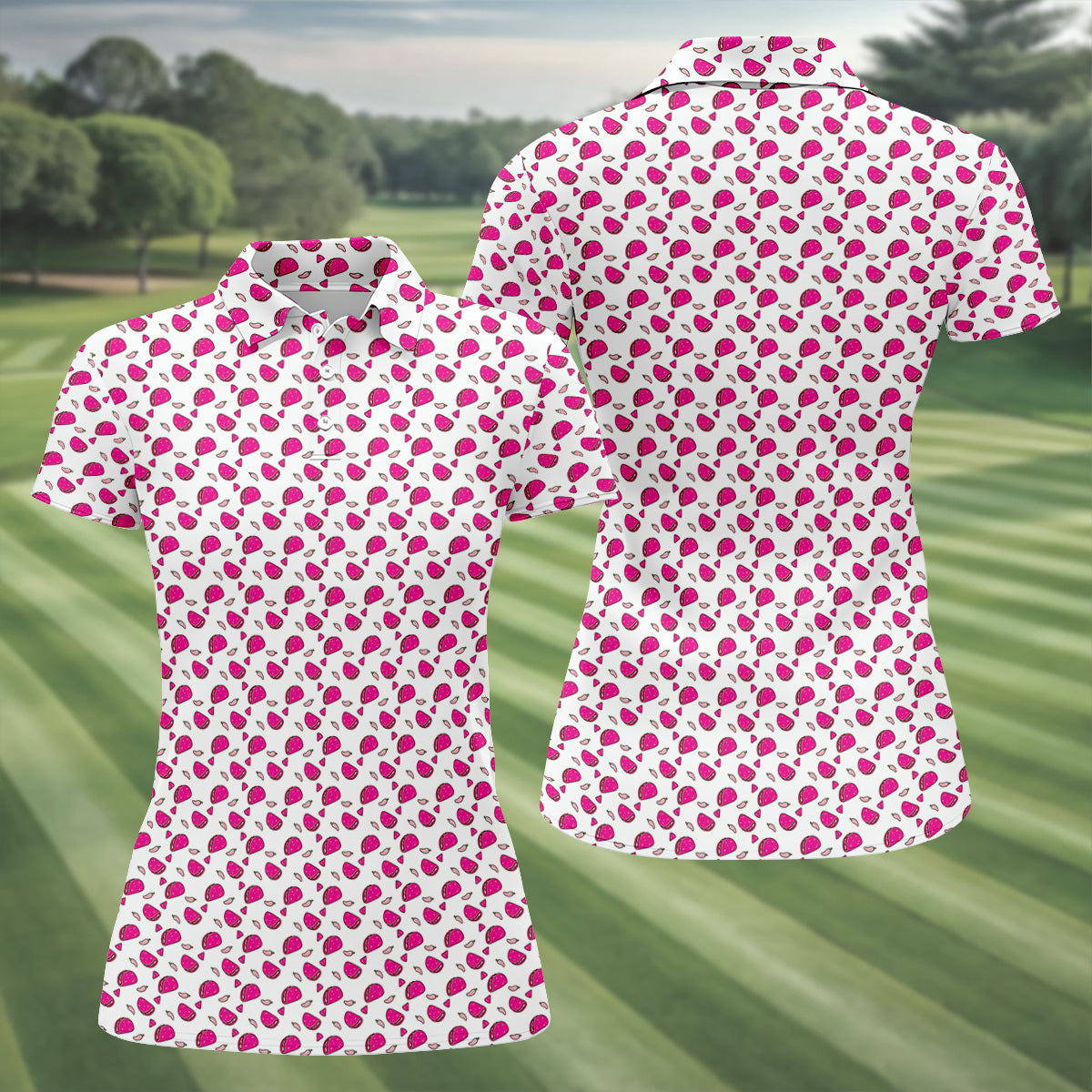 The Pink Taco Seamless Pattern White Golf Shirt, Women's Golf Tops, Tacos Lover Golf Gift For Ladies