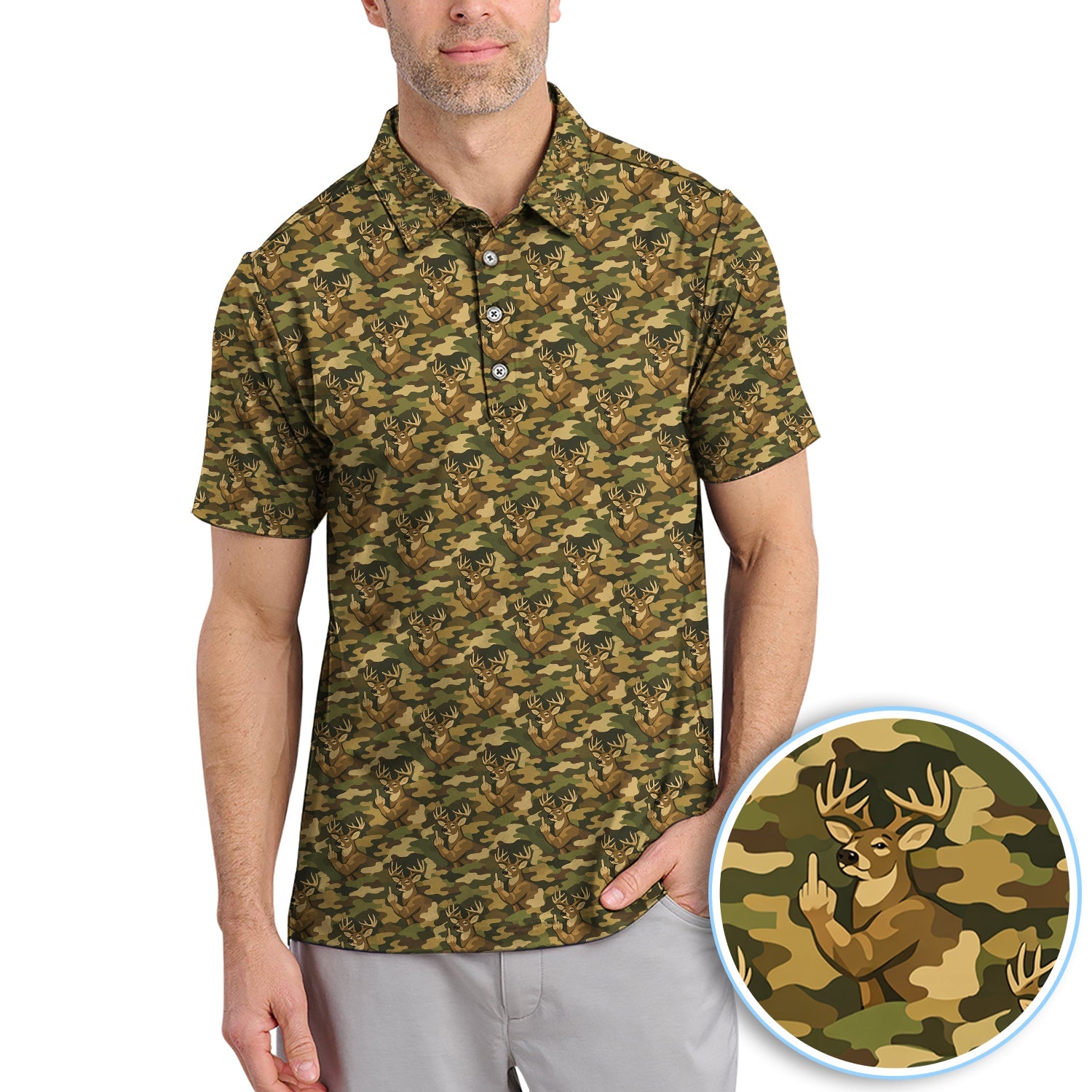 Deer Camo Pattern Golf Shirt, Crazy Golf Polos For Men, Golf Gift For Hunter