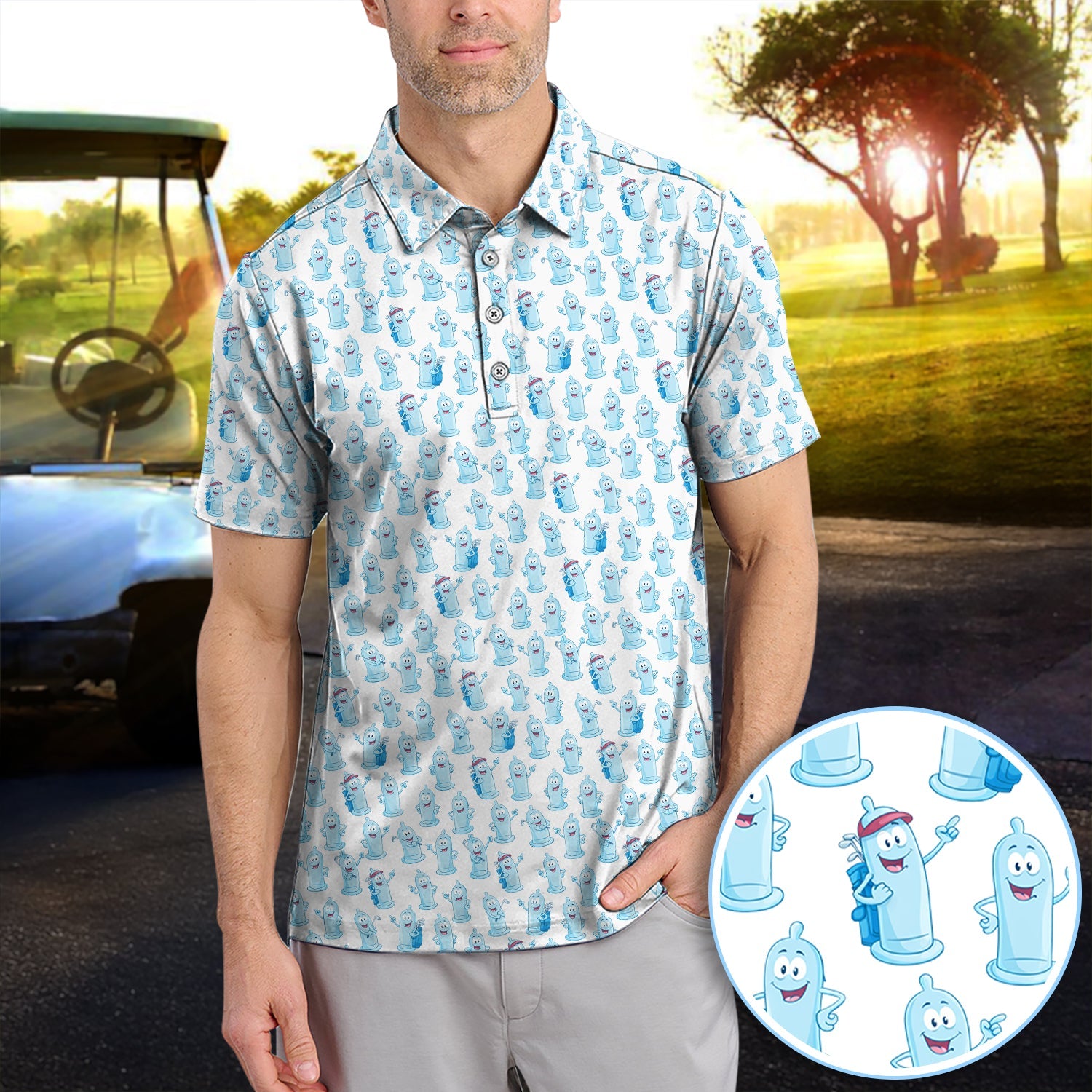 Funny Pattern Golf Polos, Light Blue Golf Shirt For Golfer, Golf Gift For Men