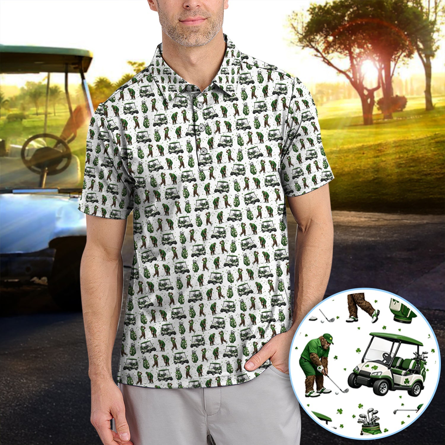 Bigfoot Golf St. Patrick’s Day Pattern Golf Polos, Sasquatch Golf Shirt For Golfer, Crazy Men's Golf Gift