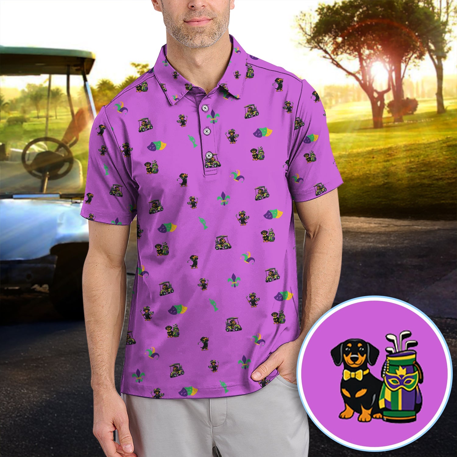 Mardi Gras Dachshund Golf Polos For Golfer, Funny Wiener Dog Pattern Golf Shirt, Golf Gift For Men