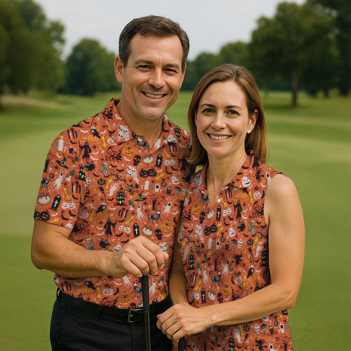 Halloween Skull Witch Cat Orange Golf Shirt, Funny Halloween Women's Golf Tops, Ladies Golf Shirts