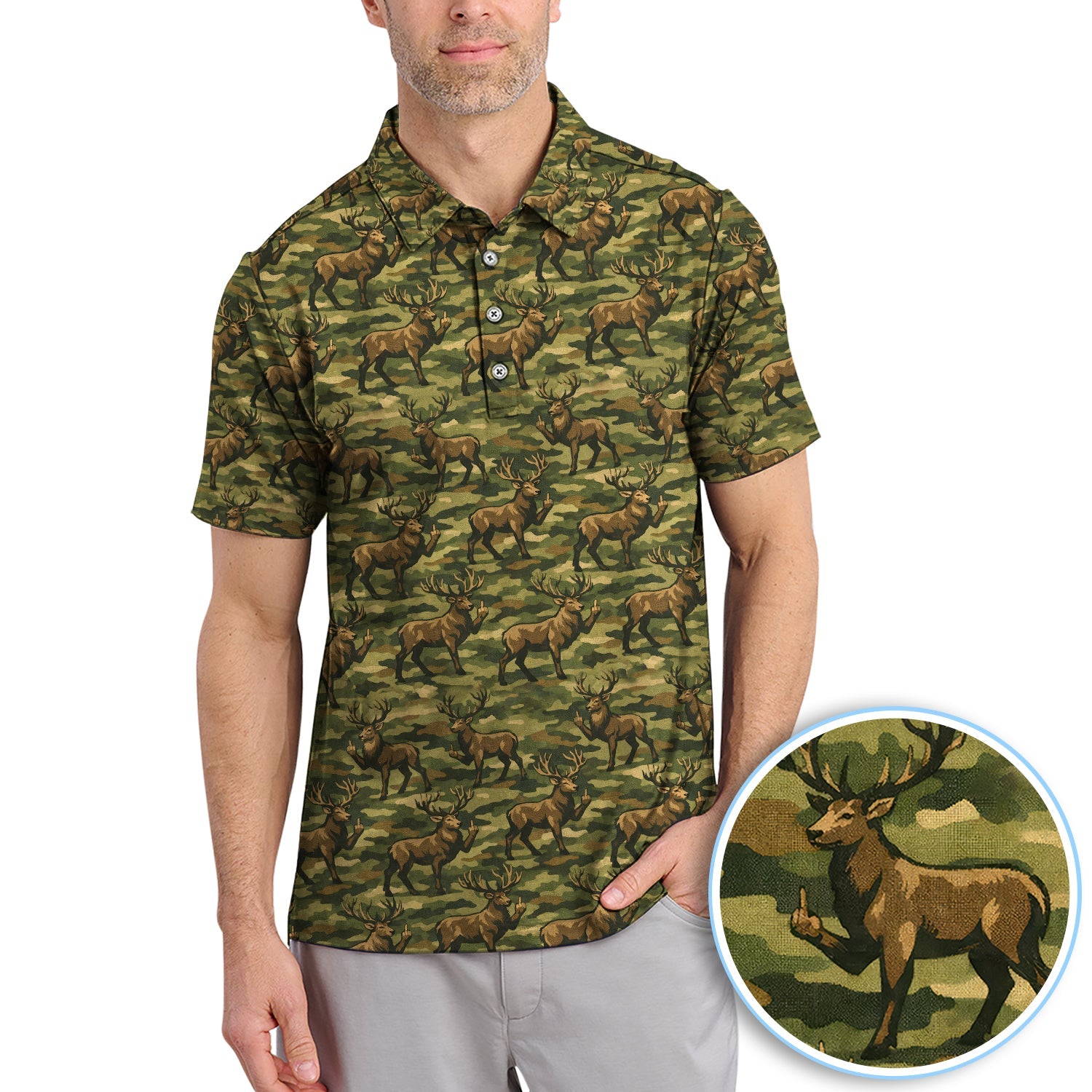 Camo Pattern Golf Polos For Golfer, Funny Deer Golf  Shirt, Men Golf Gift