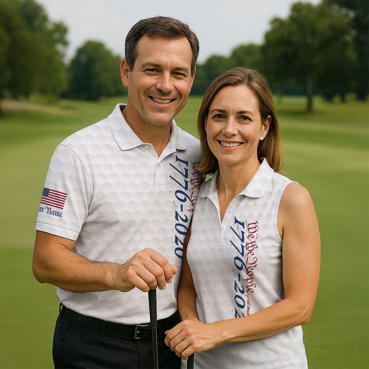We The People Distressed American Flag White Golf Shirt, 250 Years Patriotic 4th Of July Golf Shirt For Women