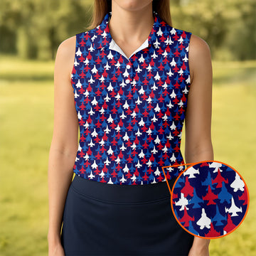 Red And Blue Fighter Jet 4th Of July Women Golf Top, 250th Anniversary Ladies Golf Shirts, Patriotic Golf Shirt