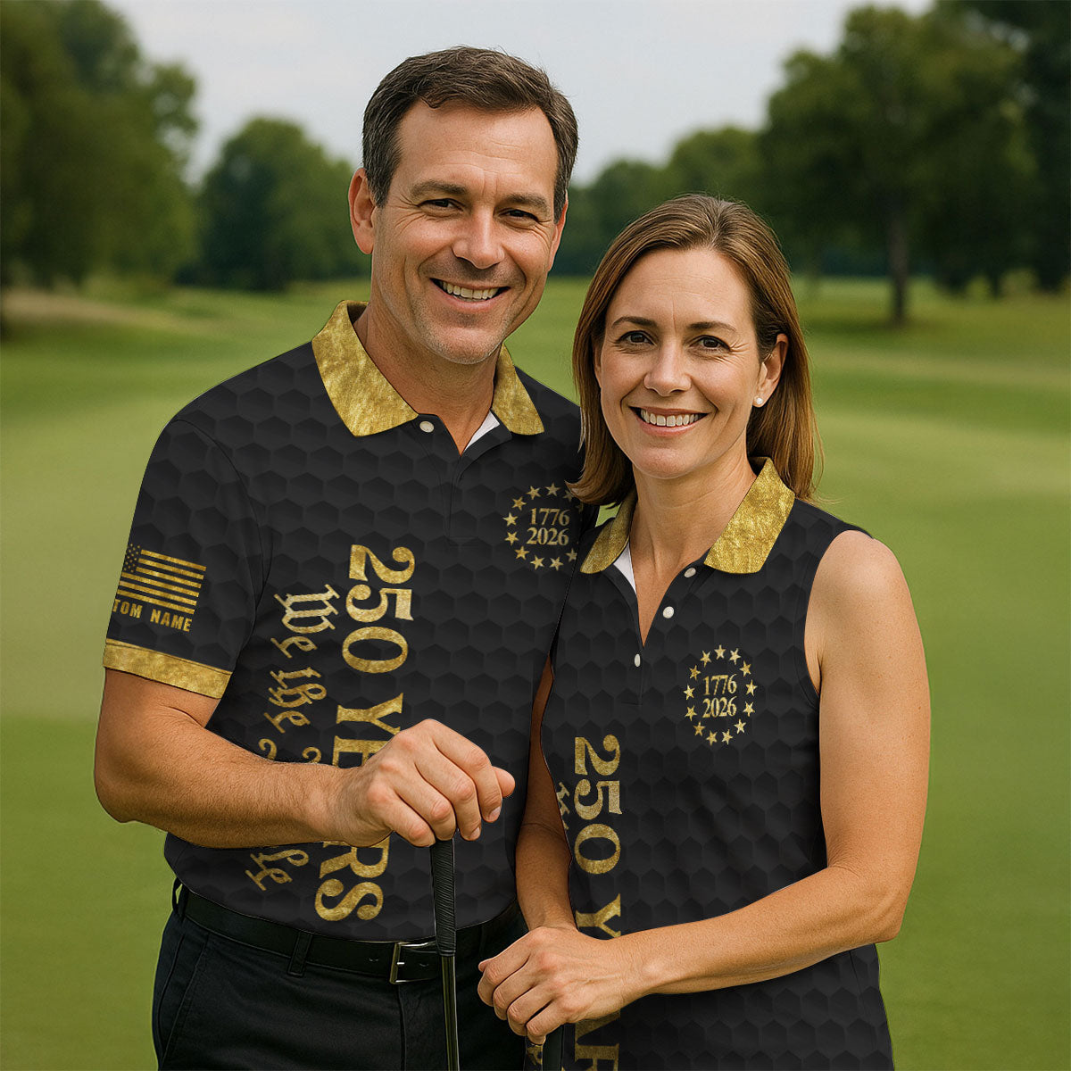 We The People 250 Years Gold Textured Patriotic Golf Shirt, 4th Of July Golf Shirts For Men
