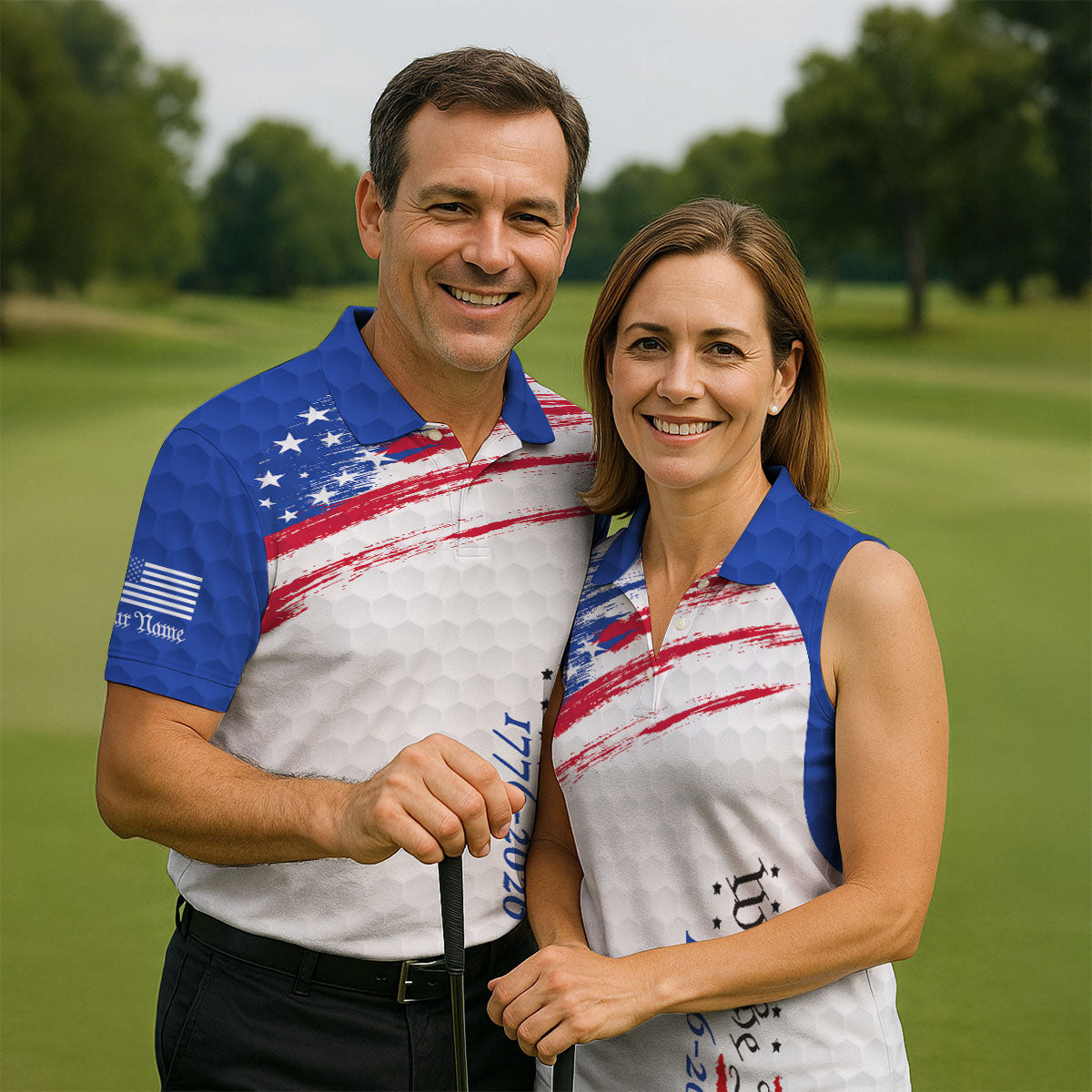 We The People 1776-2926 American Flag Brush Blue Golf Shirt, 250 Years Patriotic 4th Of July Golf Shirt For Women