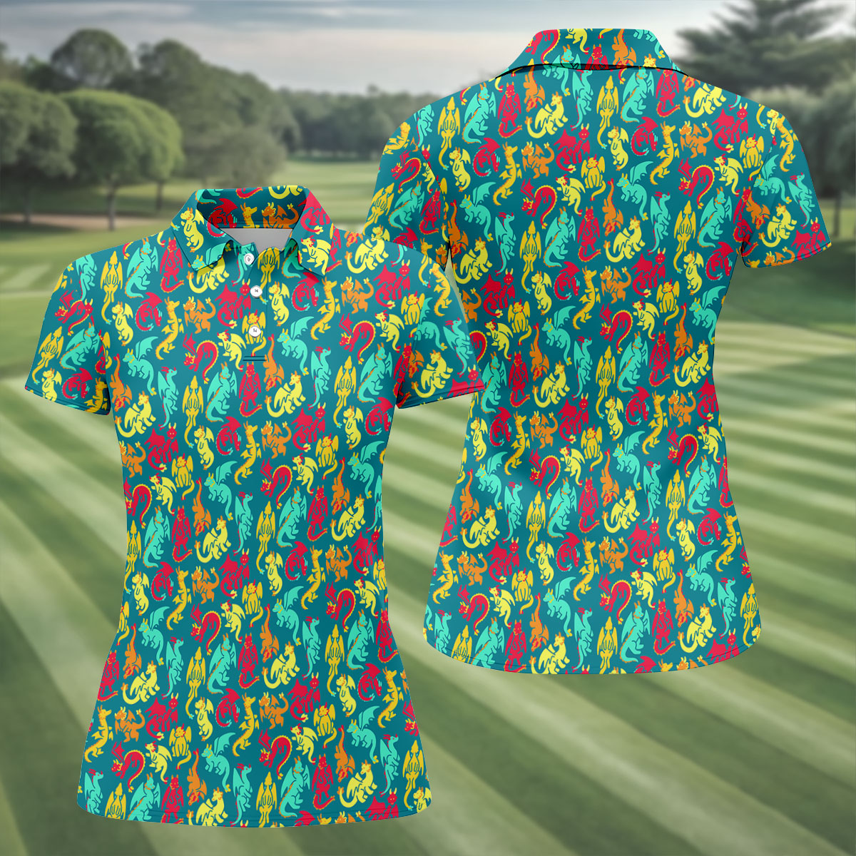 Cartoon Dragons Colorful Golf Shirt, Cute Golf Outfit, Women's Polo Shirt, Ladies Golf Shirts