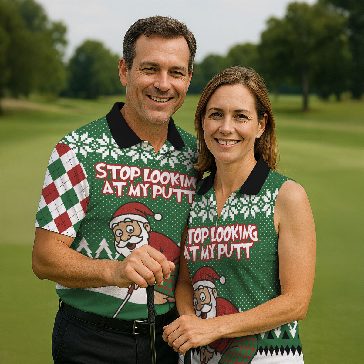 Stop Looking At My Putt Funny Santa Claus Argyle Golf Shirt, Christmas Golf Shirt, Women's Golf Tops