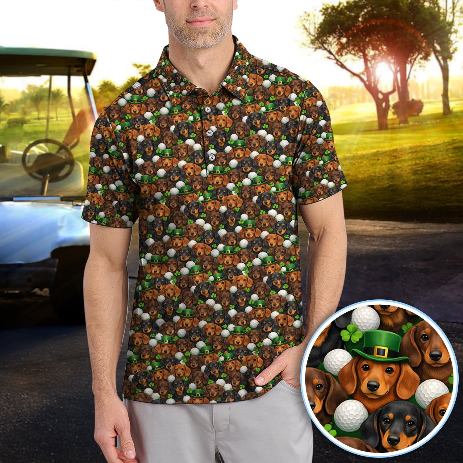 Dachshund St. Patrick’s Day Golf Polos, Wiener Dog Pattern Golf Shirt For Men, Funny Golf Gift For Golfer