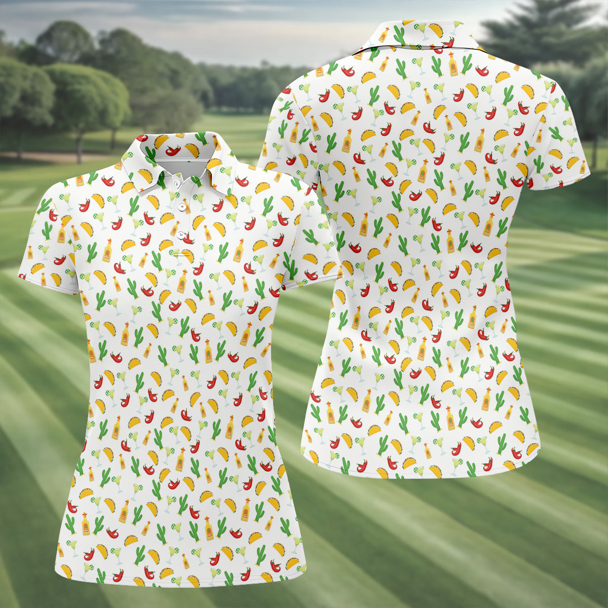 Tropical Vibe Hawaiian Pattern White Golf Shirt, Women's Golf Tops, Golf Gift For Ladies