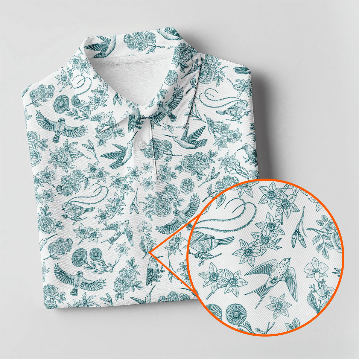 Custom Name Toile de Jouy Birds And Flowers Teal And White Women Golf Top, Ladies Golf Polos