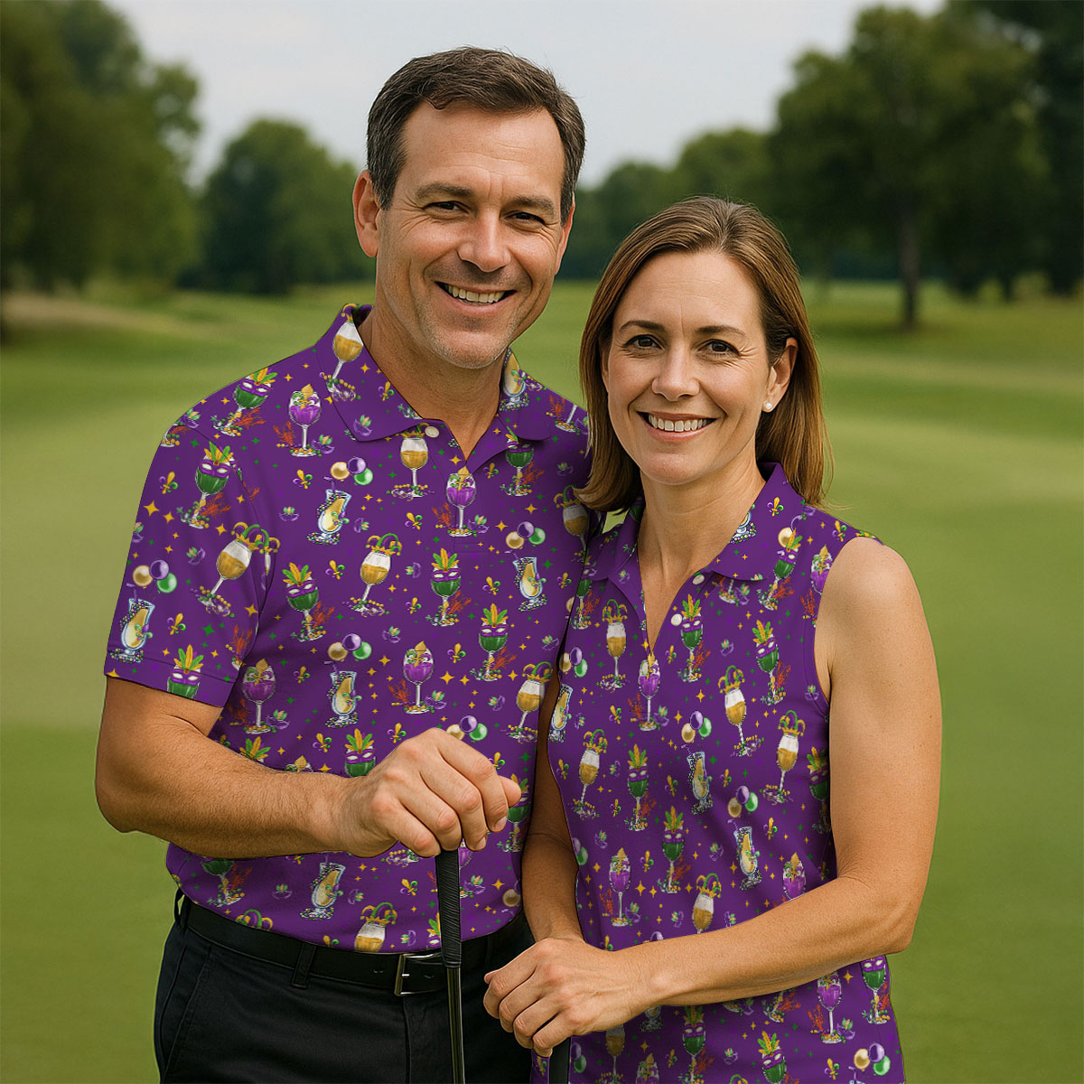 Mardi Gras Wine Glass Beaded Garland Fleur De Lis Purple Golf Shirt, Women's Golf Tops, Ladies Golf Polos