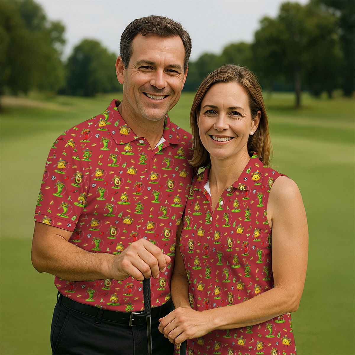 Mexican Cartoon Food Characters Cinco De Mayo Celebration Fiesta Themed Red Golf Shirts For Men