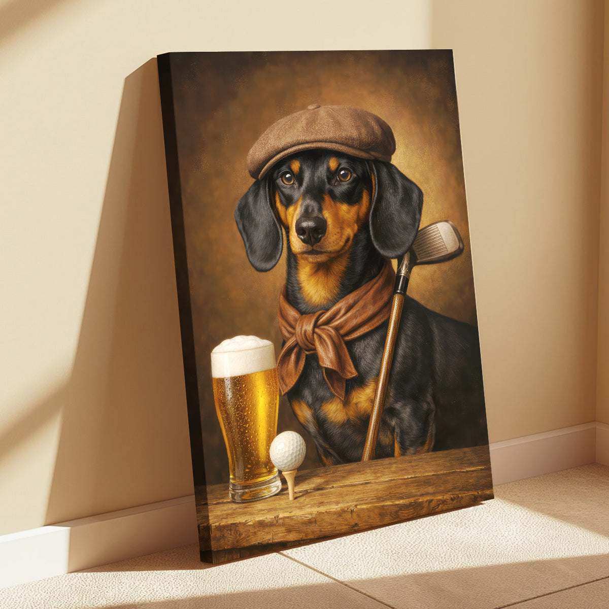 Vintage Dachshund Golf Canvas, Funny Wiener Dog And Beer Poster, Gift For Golf Lovers